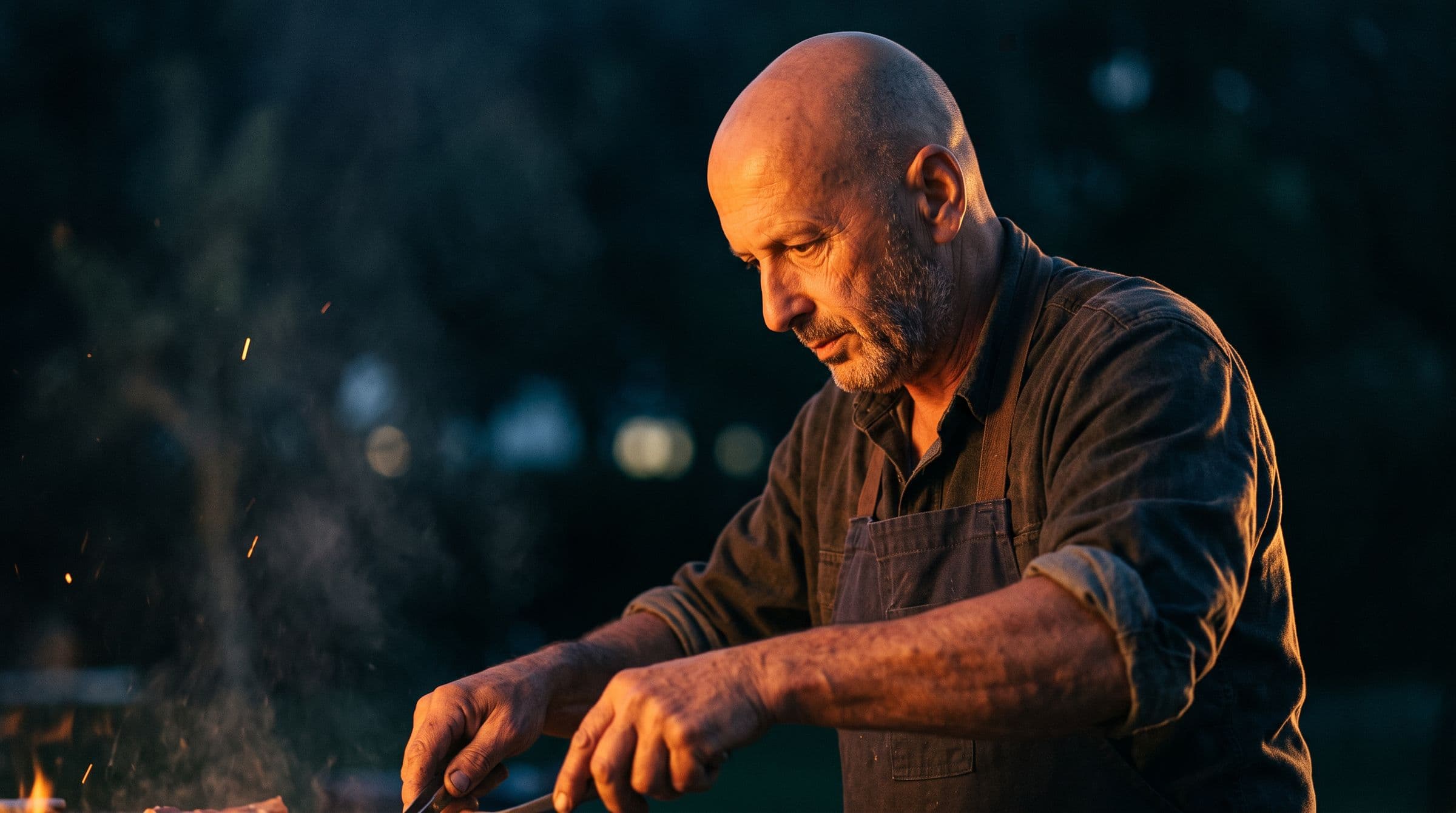 Christophe au travail, de trois-quarts, lumière du feu